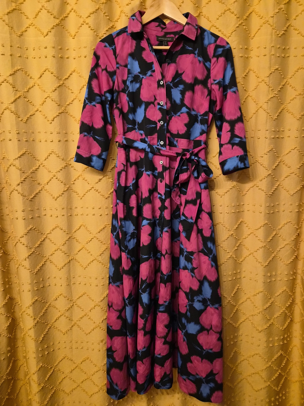 Banana Republic Black Maxi Shirt Dress with Pink & Blue Floral